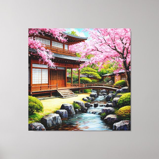 Traditional Japanese Garden With Cherry Blossoms Canvas Print (Front)