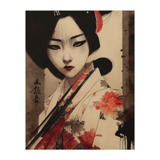 Traditional Japanese  Geisha in Kimono Wood Wall Art (Front)