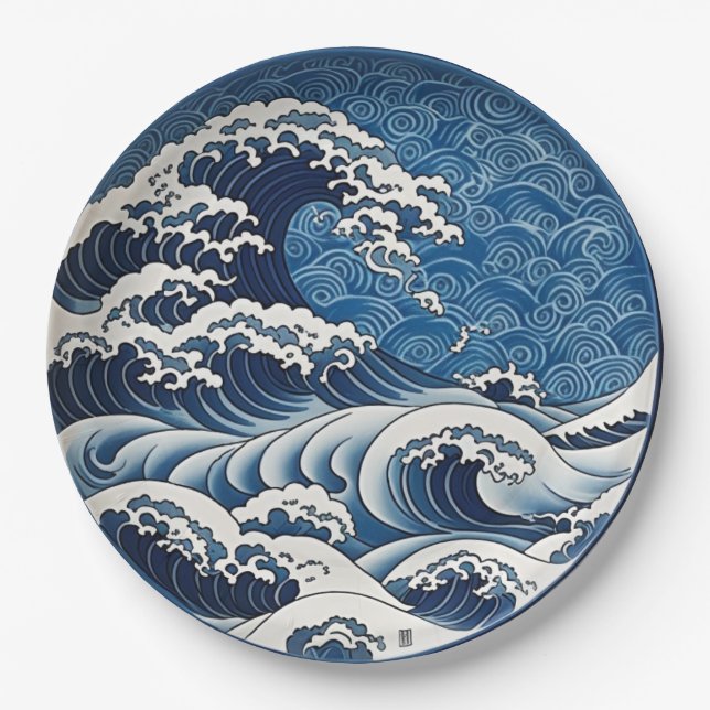Traditional Japanese Great Wave Ceramic Design Paper Plates (Front)