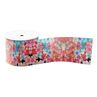 Traditional Japanese Kimono Floral Pink Blue Red Grosgrain Ribbon