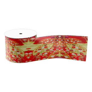Traditional Japanese Kimono Gold Red Floral Grosgrain Ribbon