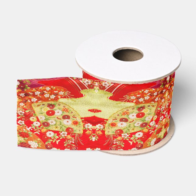 Traditional Japanese Kimono  Gold Red Floral  Grosgrain Ribbon (Spool)