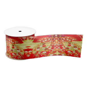 Traditional Japanese Kimono Gold Red Floral Satin Ribbon