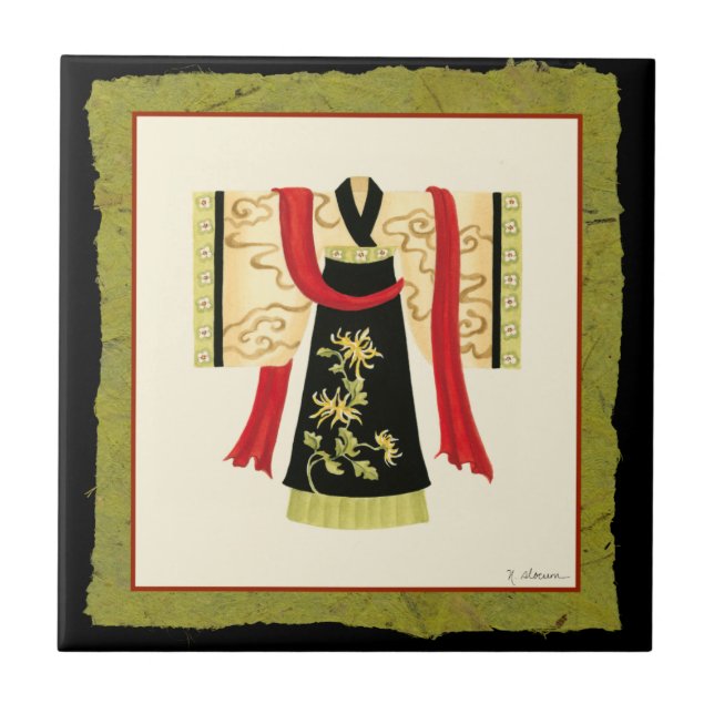 Traditional Japanese Kimono with Floral Print Ceramic Tile (Front)