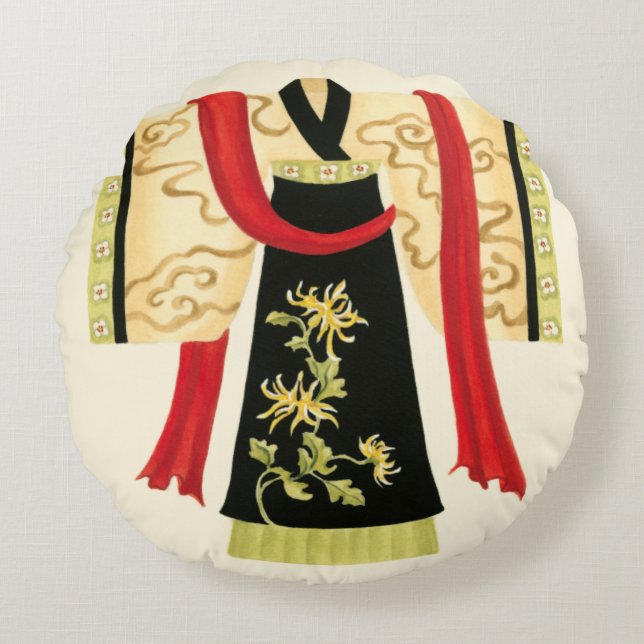 Traditional Japanese Kimono with Floral Print Round Pillow (Front)