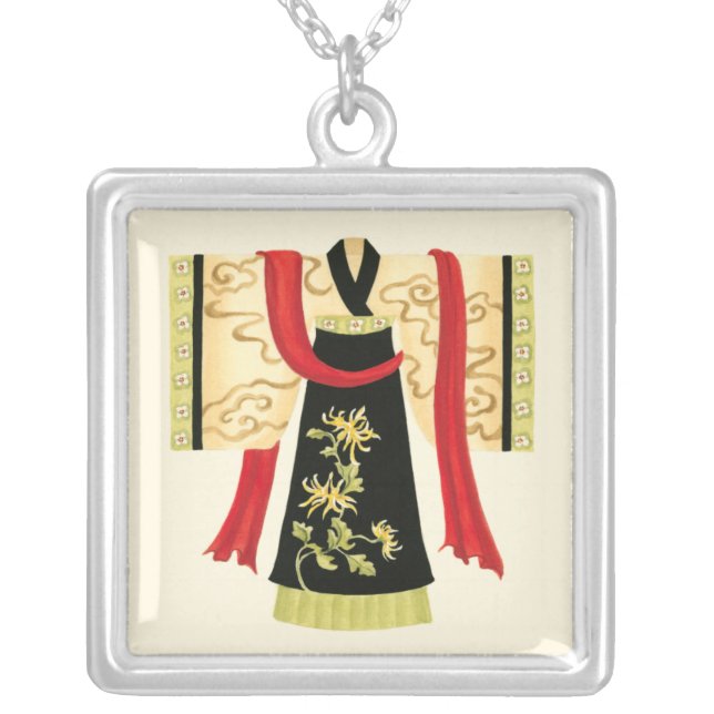 Traditional Japanese Kimono with Floral Print Silver Plated Necklace (Front)