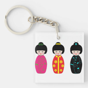 Traditional Japanese Kokeshi Geisha Dolls Keychain
