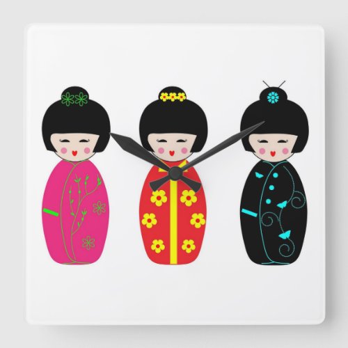 Traditional Japanese Kokeshi Geisha Dolls Square Wall Clock