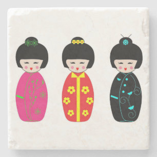Traditional Japanese Kokeshi Geisha Dolls Stone Coaster