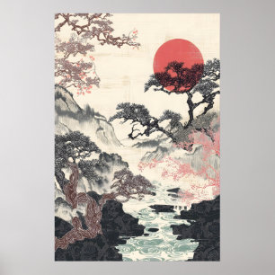Traditional Japanese Landscape Art Print - Red Sun