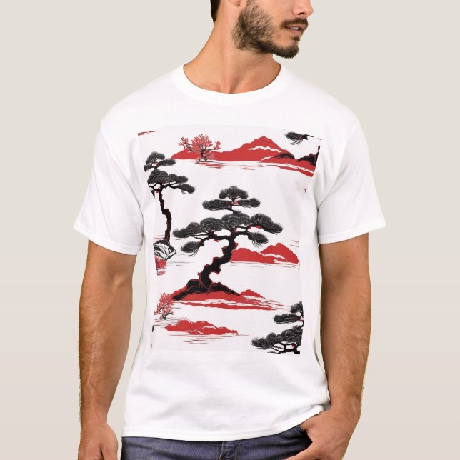 Traditional Japanese Pattern Design Blue Geometric T-Shirt (Front)