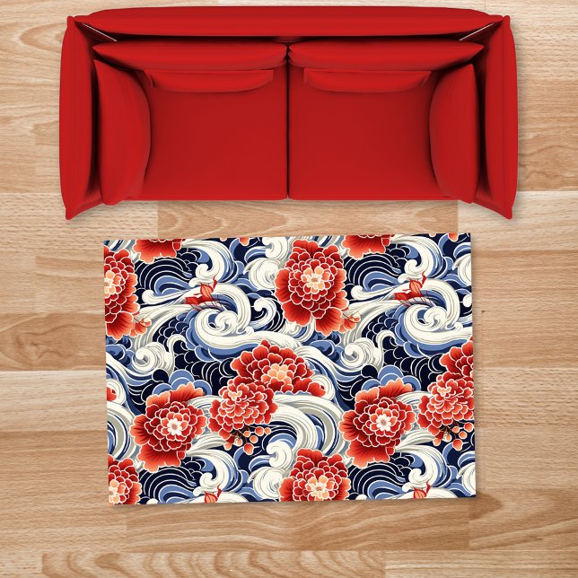 Traditional Japanese Red White Blue Floral Pattern Rug (Creator Uploaded)