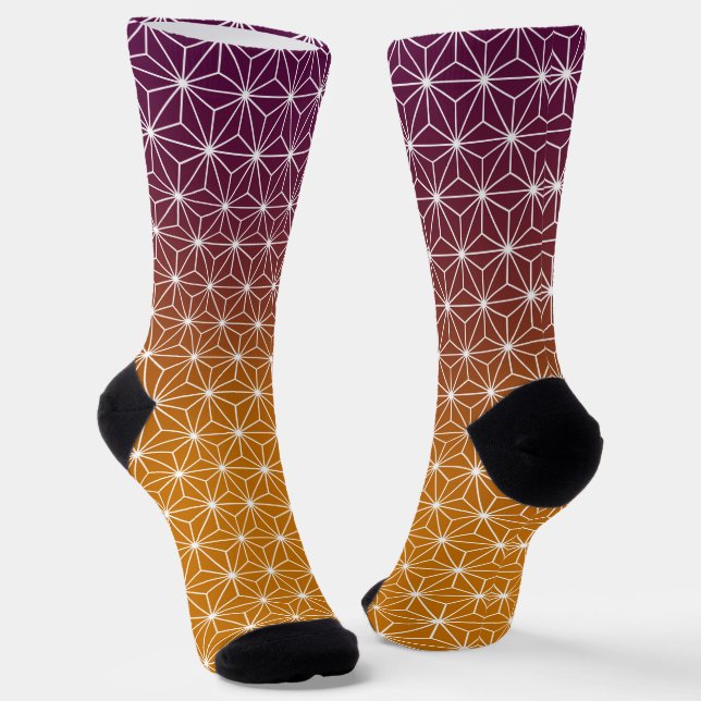 Traditional Japanese Star Pattern Gold & Plum Socks (Angled)
