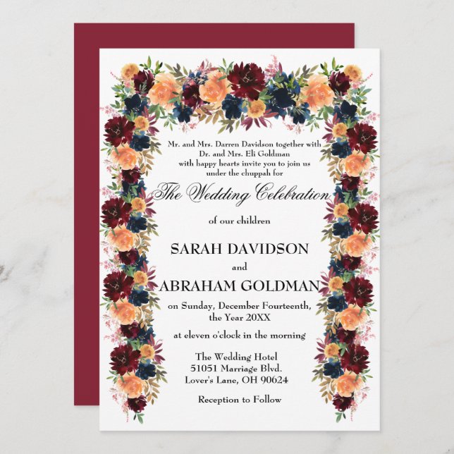 Traditional Jewish Wedding Invitations - Gold Wine (Front/Back)