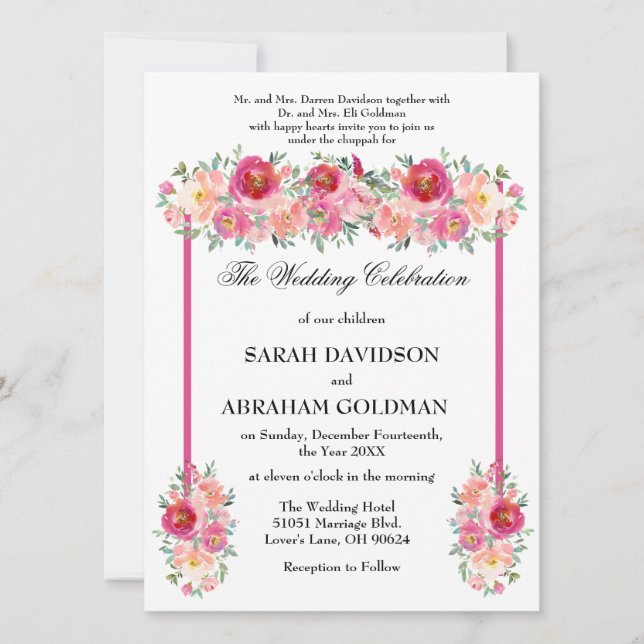Traditional Jewish Wedding Invitations - Pink Rose (Front)