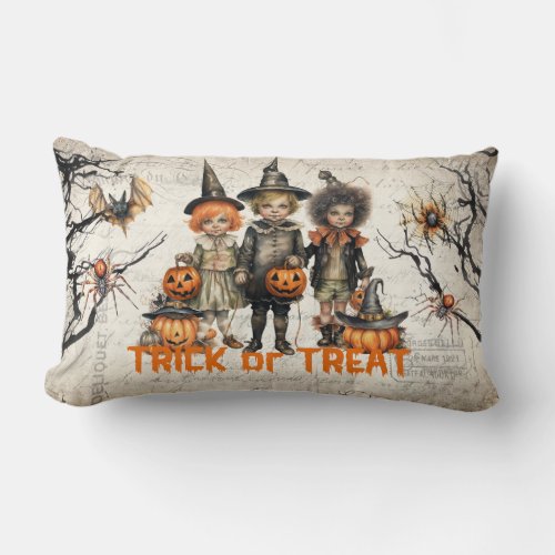 Traditional kids with classic Halloween costumes Lumbar Pillow