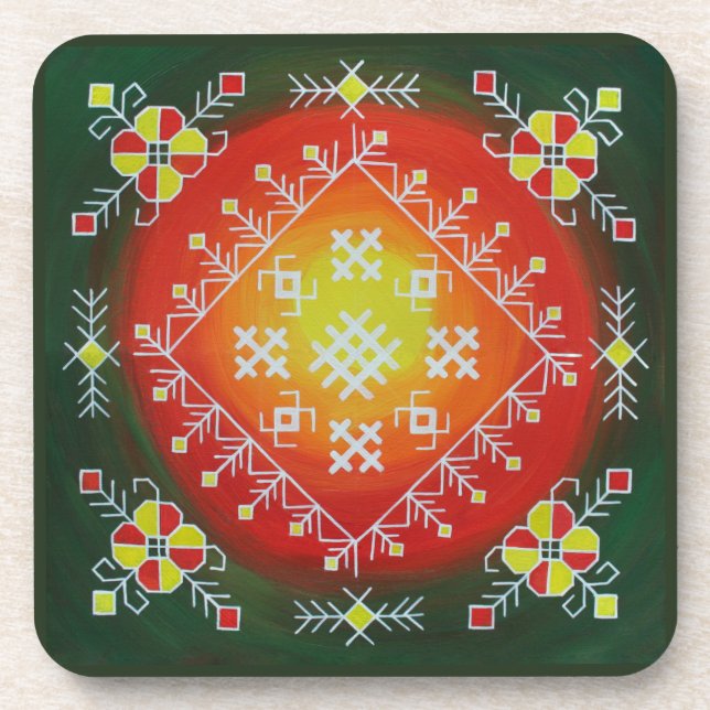 Traditional Latvian folk art with symbols painting Beverage Coaster (Front)