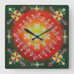 Traditional Latvian folk art with symbols painting Square Wall Clock