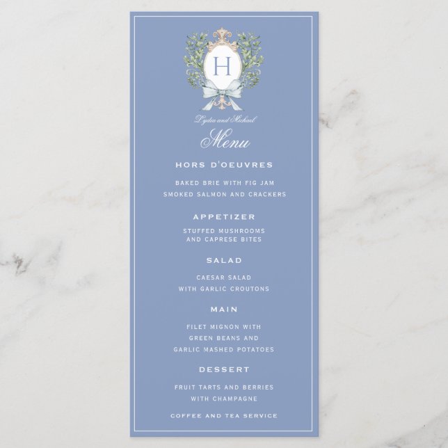 Traditional Leaf Crest w/ Bow | Monogram Blue Menu (Front)