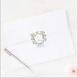 Traditional Leaf Crest w/ Bow | Monogram Wedding Classic Round Sticker<br><div class="desc">The elegant watercolor monogram crest gives this invitation sticker a beautiful and timeless look that any sophisticated bride will love. Personalize this sticker with your initials inside the crest at the top. Colors include, light blue, green, golden yellow and tan. If you have any questions or need help customizing this...</div>