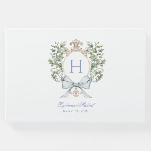 Traditional Leaf Crest w Bow  Monogram Wedding Guest Book