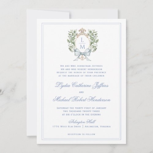Traditional Leaf Crest w Bow  Monogram Wedding Invitation