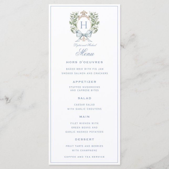 Traditional Leaf Crest w/ Bow | Monogram Wedding  Menu (Front)