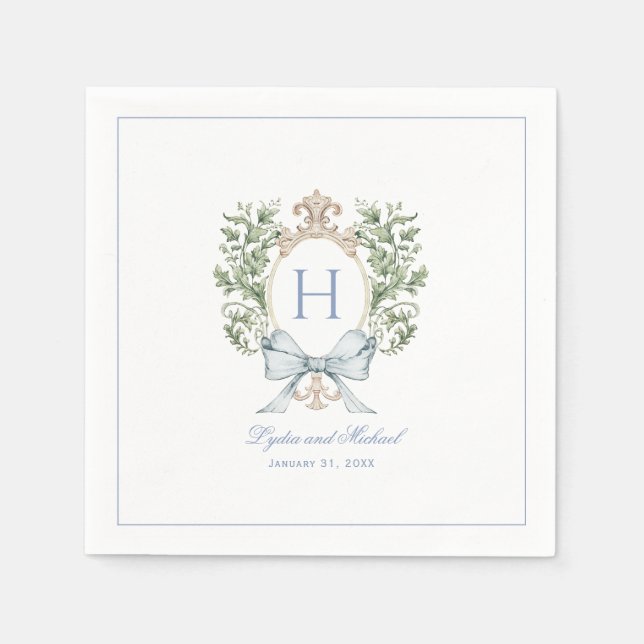 Traditional Leaf Crest w/ Bow | Monogram Wedding Napkins (Front)