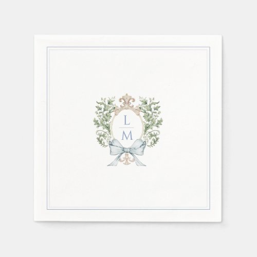 Traditional Leaf Crest w Bow  Monogram Wedding Napkins