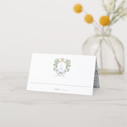 Traditional Leaf Crest w Bow  Monogram Wedding Place Card