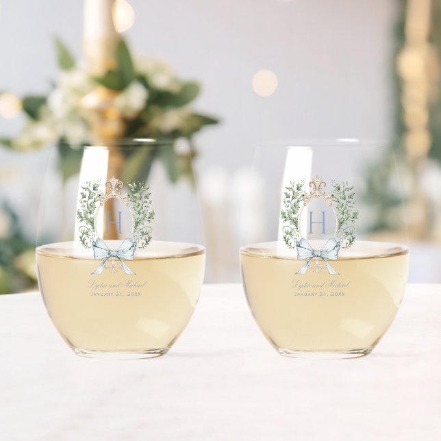Traditional Leaf Crest w/ Bow | Monogram Wedding Stemless Wine Glass (Insitu (Wedding))