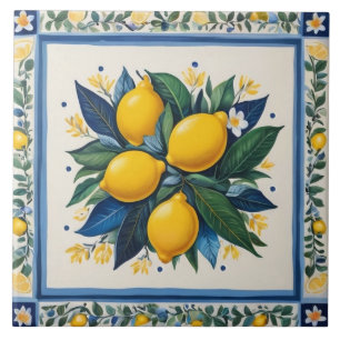Traditional Lemons Blue Green Yellow White Classic Ceramic Tile