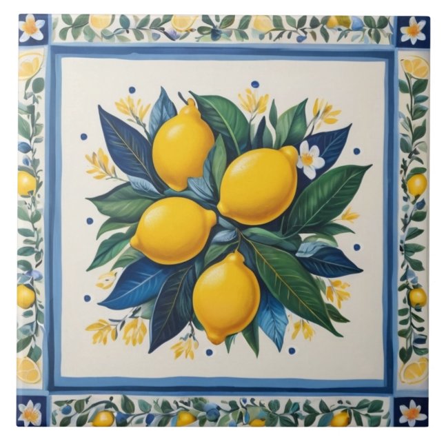 Traditional Lemons Blue Green Yellow White Classic Ceramic Tile (Front)