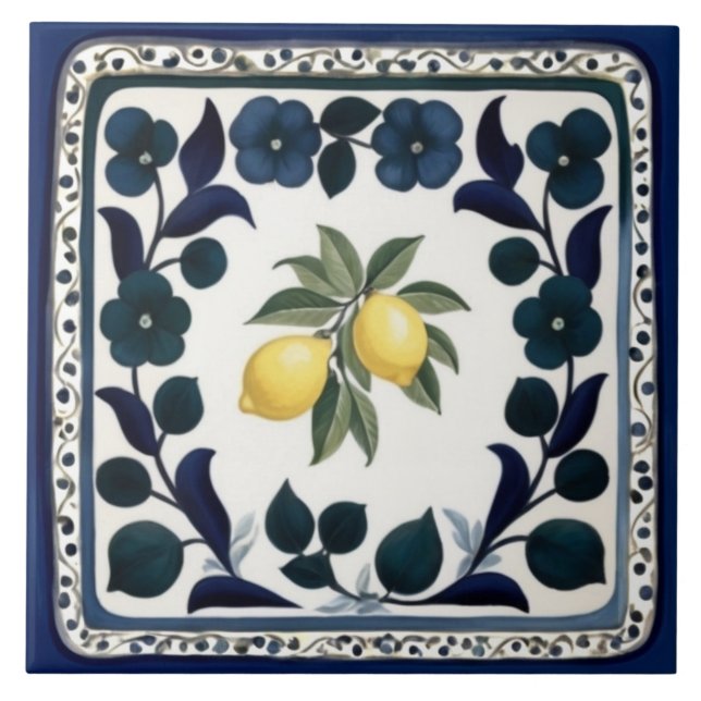 Traditional Lemons Dark Blue and White Floral Ceramic Tile (Front)
