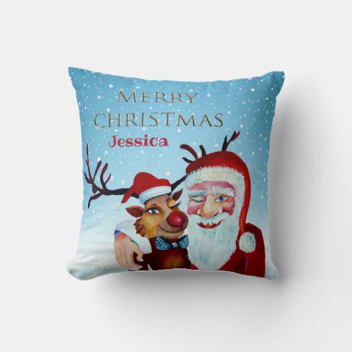 Traditional Magical Santa Claus   Smiling Rudolf Throw Pillow