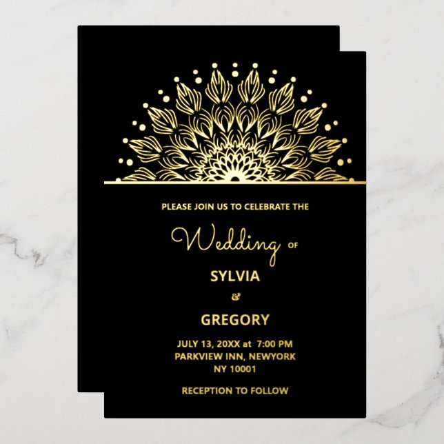 Traditional mandala classic elegant luxury wedding foil invitation (Front/Back)