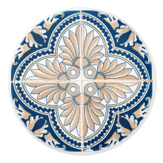 Traditional Mediterranean Blue and Tan Tile  Ceramic Knob