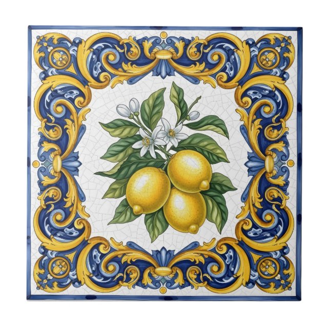 Traditional Mediterranean Majolica Lemon Ceramic Tile (Front)