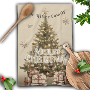 Traditional Merry Christmas Antique Gold Custom Kitchen Towel