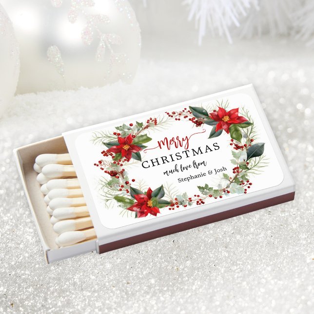 Traditional Merry Christmas Festive Wreath Matchboxes (Matchboxes featuring a classic floral Christmas wreath in watercolor. A festive small Christmas gift)