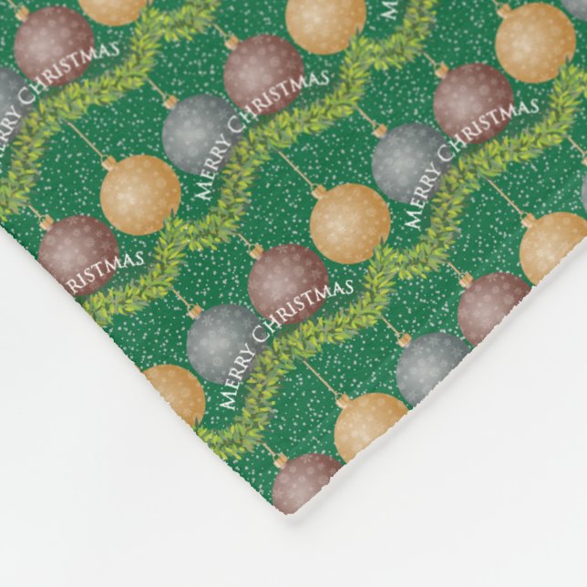Traditional Merry Christmas green ball ornaments Fleece Blanket (Corner)