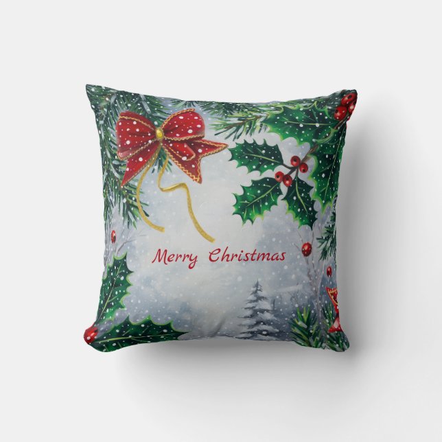 Traditional Merry Christmas Holidays Personalize  Throw Pillow (Front)