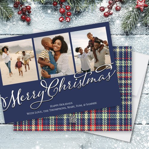 Traditional Merry Christmas Navy Blue Plaid Photo Holiday Card