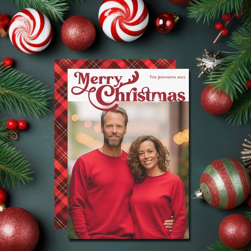 Traditional Merry Christmas Photo Red Plaid Tartan Holiday Card
