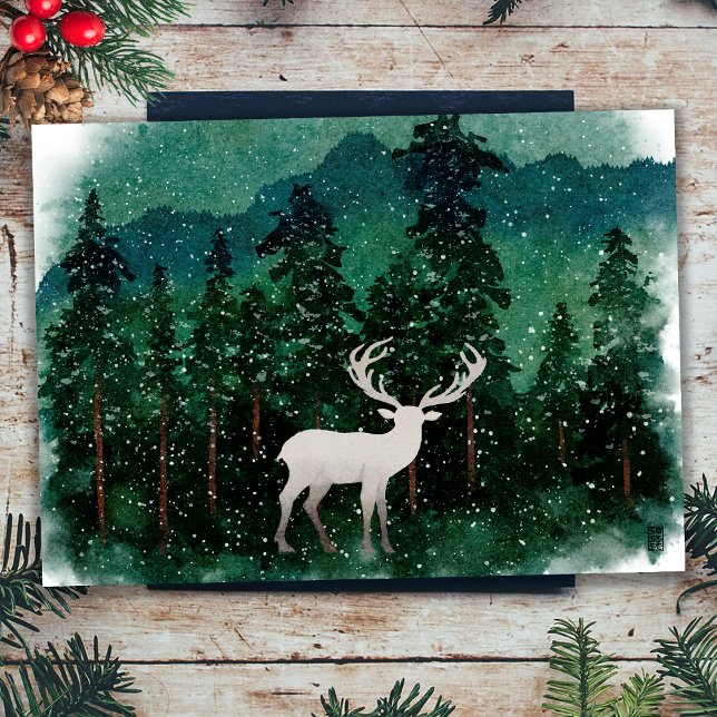 Traditional Merry Christmas Reindeer in The Forest Holiday Card (Front)