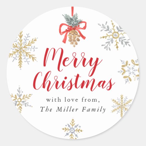 Traditional Merry Christmas Snowflake Gifting Classic Round Sticker