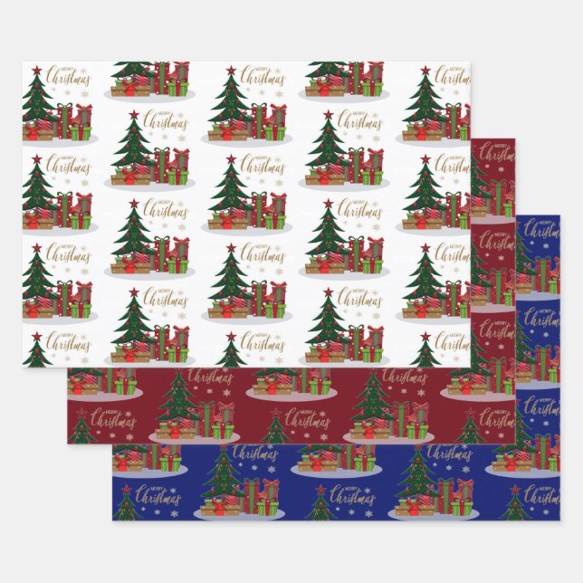 Traditional Merry Christmas Tree Wrapping Paper Sheets (Set)