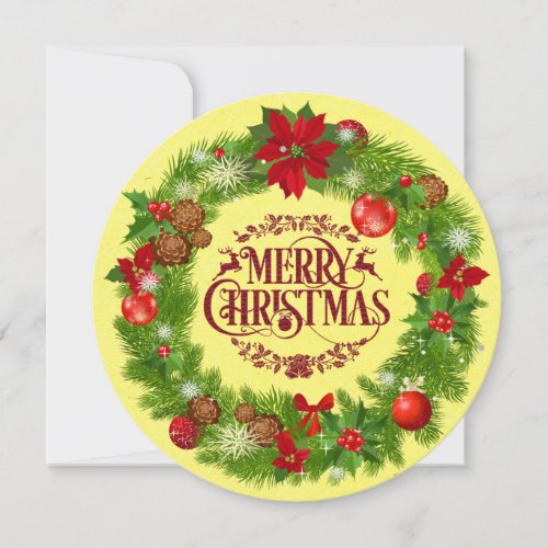 Traditional Merry Christmas Wreath Round Flat Card