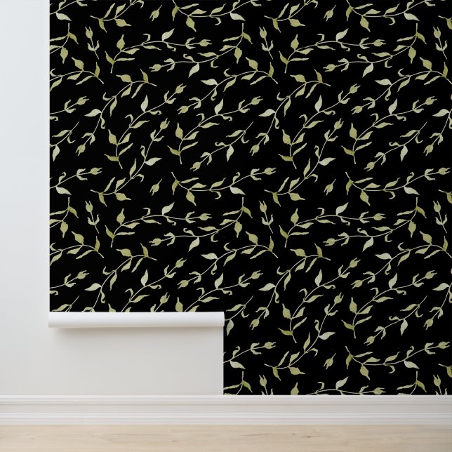 Traditional Minimal Green Leaf Pattern on Black Wallpaper (Application)