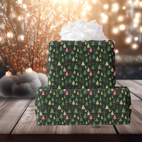 Traditional Modern Christmas Trees Green Wrapping Paper